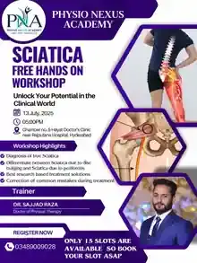 Sciatica free hands-on workshop poster with trainer Dr. Sajjad Raza in Hyderabad